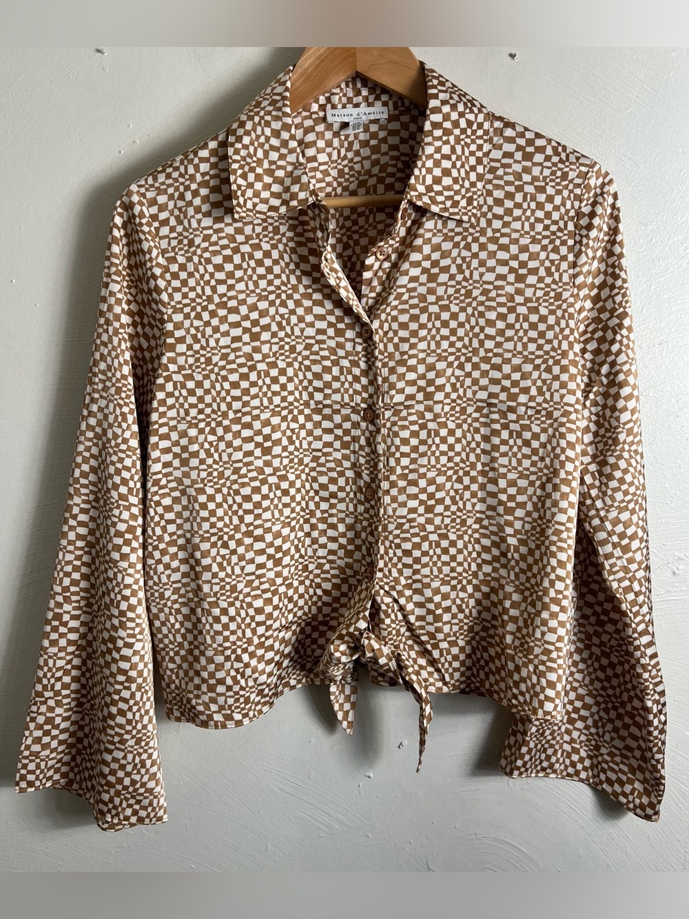Maison d ‘Amelie Retro Front knot Tie Top Checkered Satin Top